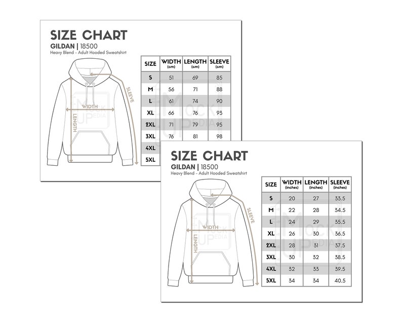 Gildan 18500 Adult Hooded Sweatshirt Size Chart inches/cm | Etsy