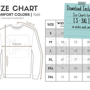 Comfort Colors 1566 Adult Crewneck Sweatshirt Size Chart inches/cm ...