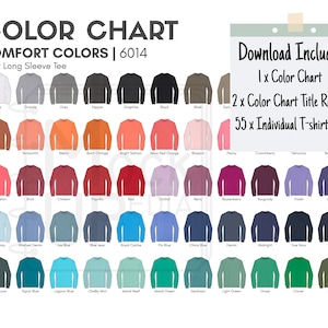 May include: Color chart for adult long sleeve t-shirts with 55 different colors. The chart includes the color name and a small image of a t-shirt in that color. The chart is titled "Comfort Colors | 6014".