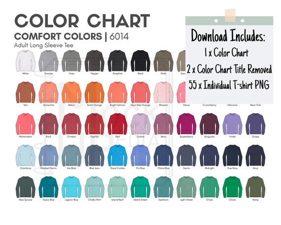 Comfort Colors 6014 Adult Long Sleeve Tee Color Chart | Comfort Colors 6014 T-Shirt Color Chart | Digital Color Chart | PNG