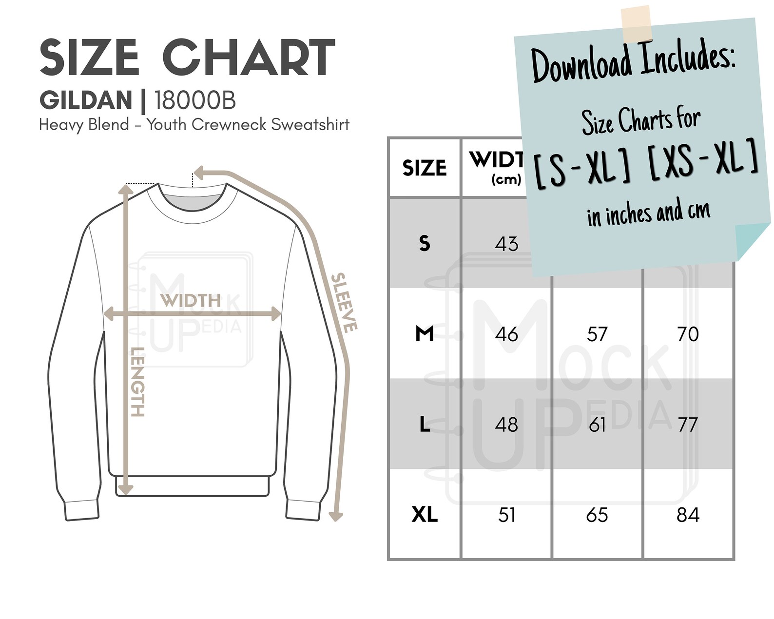 Gildan 18000B Youth Crewneck Sweatshirt Size Chart (inches/cm