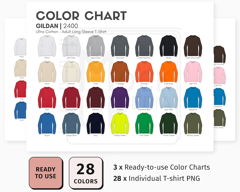 Gildan 2400 Adult Long Sleeve T-Shirt Color Chart Gildan 2400 Ultra Cotton Long Sleeve T-Shirt Color Chart Digital Color Chart PNG image 1