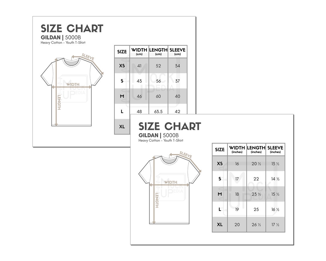 Gildan 5000B Youth Tshirt Size Chart inches/cm Digital Size Chart