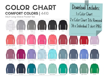 Comfort Colors 4410 Adult Long Sleeve Pocket Tee Color Chart | Comfort Colors 4410 Color Chart | Digital Color Chart | PNG