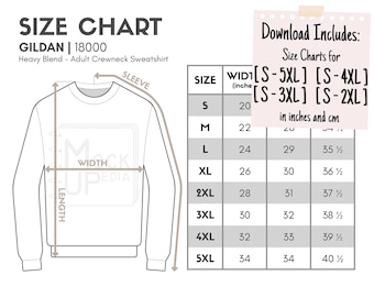 Gildan 18000 Adult Crewneck Sweatshirt Size Chart (inches/cm) | Digital Size Chart | Gildan Sweatshirt Mockup Size Chart