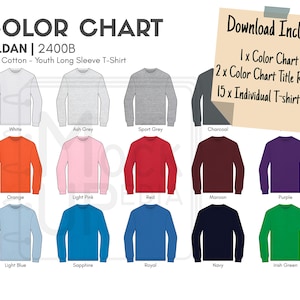 Gildan 2400B Youth Long Sleeve T-Shirt Color Chart | Gildan 2400B Ultra Cotton Long Sleeve T-Shirt Color Chart | Digital Color Chart | PNG