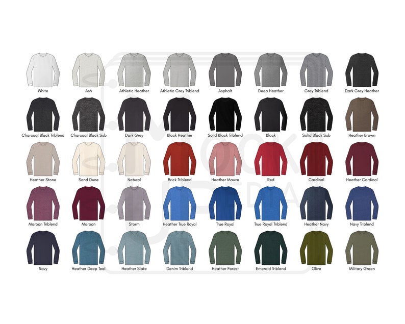 Bella+Canvas 3501 Unisex Jersey Long Sleeve Tee Tshirt Color Chart Bella Canvas 3501 Adult Long Sleeve Tee Color Chart Digital PNG