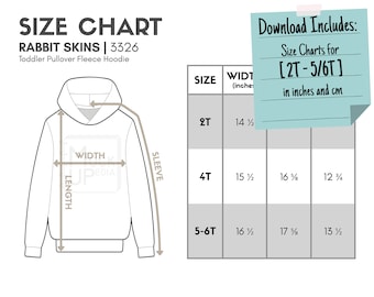 Rabbit Skins 3326 Toddler Pullover Fleece Hoodie Size Chart (inches/cm) | Digital Size Chart | Rabbit Skins 3326 Hoodie Size Chart