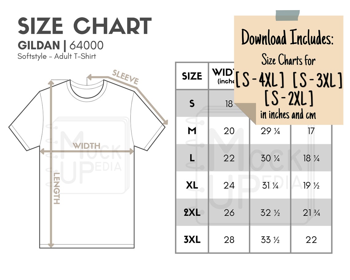 Gildan 64000 Adult T-Shirt Size Chart inches/cm Digital | Etsy