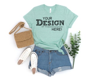 Bella Canvas 3001 Heather Prism Mint Mock Up | Bella Canvas 3001CVC Unisex Tshirt Mockup | Digital Flat Lay | Summer | Casual