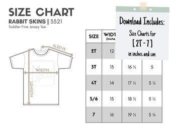 Rabbit Skins 3321 Toddler Fine Jersey Tee Size Chart (inches/cm) | Digital Size Chart | Rabbit Skins 3321 Toddler Mockup Size Chart
