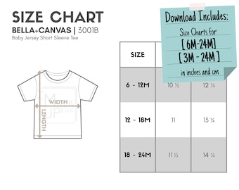 Bella Canvas 3001B Baby Jersey Short Sleeve Tee Size Chart (inches/cm) | Digital Size Chart | Bella Canvas T-Shirt Mockup Size Chart