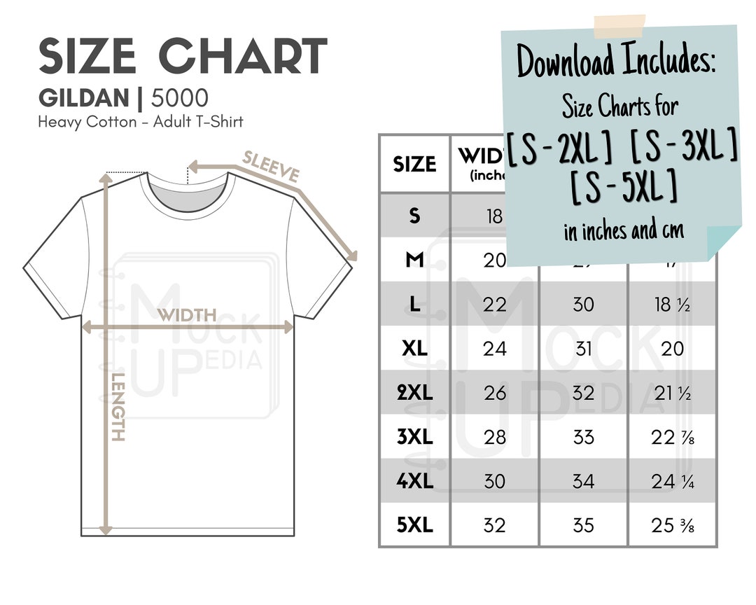 Gildan 5000 Adult T-shirt Size Chart inches/cm Digital Size Chart ...