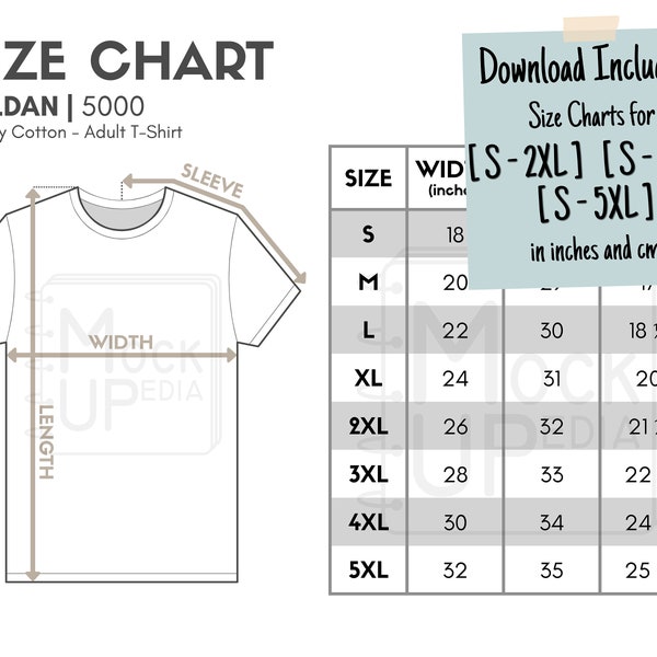 Gildan 5000 Adult T-Shirt Size Chart (inches/cm) | Digital Size Chart | Gildan Heavy Cotton T-Shirt Mockup Size Chart