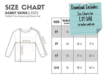 Rabbit Skins 3302 Toddler Fine Jersey Long Sleeve Tee Size Chart (inches/cm) | Digital Size Chart | Rabbit Skins 3302 Mockup Size Chart
