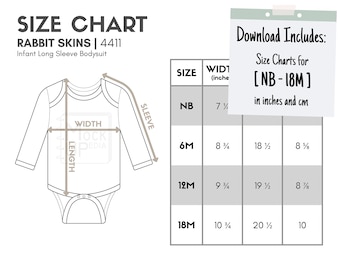 Rabbit Skins 4411 Infant Long Sleeve Bodysuit Size Chart (inches/cm) | Digital Size Chart | Rabbit Skins 4411 Baby Bodysuit Size Chart