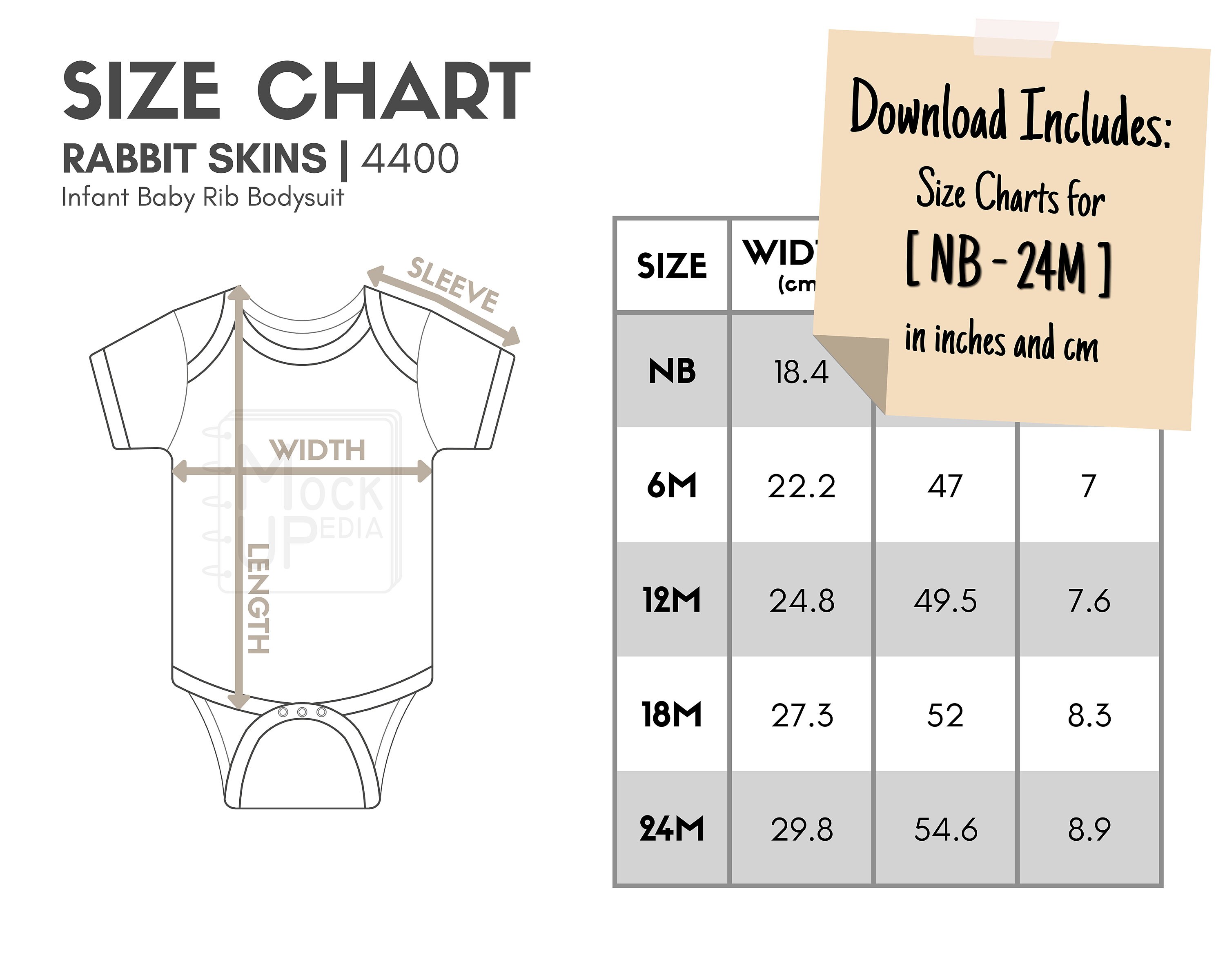 Rabbit Skins 4400 Infant Baby Rib Bodysuit Size Chart inches/cm Digital