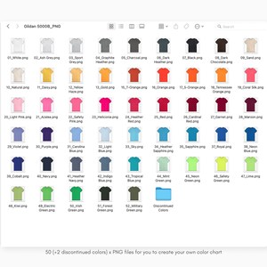 May include: A grid of 50 color swatches representing different t-shirt colors. Each swatch is a PNG image of a t-shirt with a number and color name. The text "Gildan 50008_PNG" appears in the top left corner of the image.