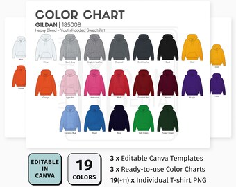 Gildan 18500B EDITABLE Canva Color Chart | Gildan 18500B Youth Hooded Sweatshirt Color Chart | Customizable Color Chart Template