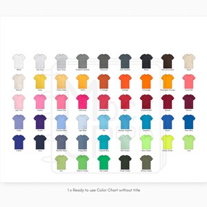 May include: Color chart showing 48 different t-shirt colors. The colors are arranged in rows and columns, with each color represented by a small t-shirt image. The colors include white, ash grey, sport grey, graphite heather, charcoal, dark heather, black, dark chocolate, sand, natural, citrus, yellow haze, gold, t-orange, orange, s-orange, tangerine orange, coral silk, light pink, andes, safety pink,  heather red, red, cardinal red,  maroon,  royal, purple, carolina blue, light blue, sky, heather sapphire, sapphire, teal, royal blue, neon blue,  cobalt, navy, heather navy, indigo blue, imperial blue,  fern, electric green, irish green, forest green, military green, lime,  safety green,  and  sage.