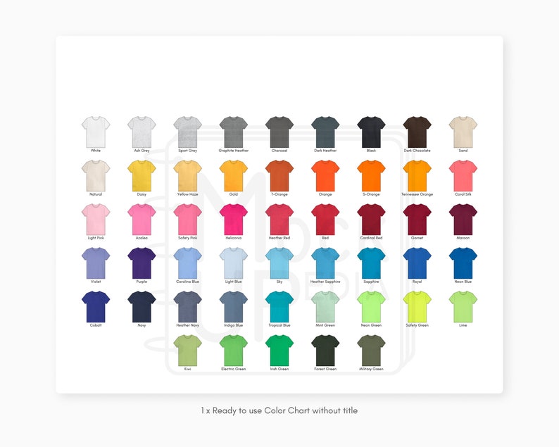 May include: Color chart showing 48 different t-shirt colors. The colors are arranged in rows and columns, with each color represented by a small t-shirt image. The colors include white, ash grey, sport grey, graphite heather, charcoal, dark heather, black, dark chocolate, sand, natural, citrus, yellow haze, gold, t-orange, orange, s-orange, tangerine orange, coral silk, light pink, andes, safety pink,  heather red, red, cardinal red,  maroon,  royal, purple, carolina blue, light blue, sky, heather sapphire, sapphire, teal, royal blue, neon blue,  cobalt, navy, heather navy, indigo blue, imperial blue,  fern, electric green, irish green, forest green, military green, lime,  safety green,  and  sage.