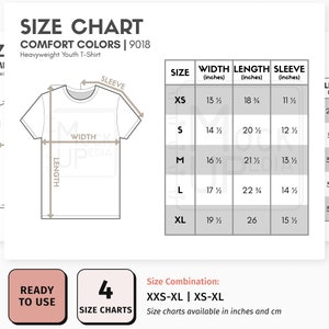 Comfort Colors 9018 Youth T-Shirt Size Chart (inches/cm) | Digital Size Chart | Comfort Colors Heavyweight Youth T-Shirt Mockup Size Chart