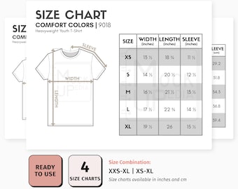 Comfort Colors 9018 Youth T-Shirt Size Chart (inches/cm) | Digital Size Chart | Comfort Colors Heavyweight Youth T-Shirt Mockup Size Chart