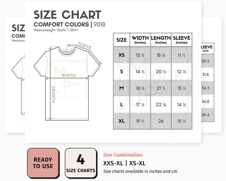 Comfort Colors 9018 Youth Tshirt Size Chart inches/cm Digital Size