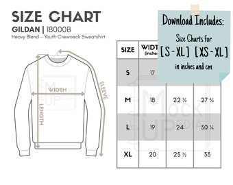 Gildan 18000B Youth Crewneck Sweatshirt Size Chart (inches/cm) | Digital Size Chart | Gildan Sweatshirt Mockup Size Chart