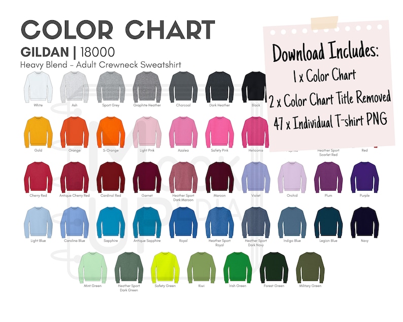 Gildan 18000 Adult Crewneck Sweatshirt Color Chart Gildan - Etsy Singapore