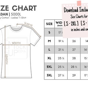 Gildan 5000L Señoras Camiseta Tamaño Carta (pulgadas / cm) / Tamaño Digital Gráfico / Gildan Camiseta Heavy Camiseta Mockup Size Chart