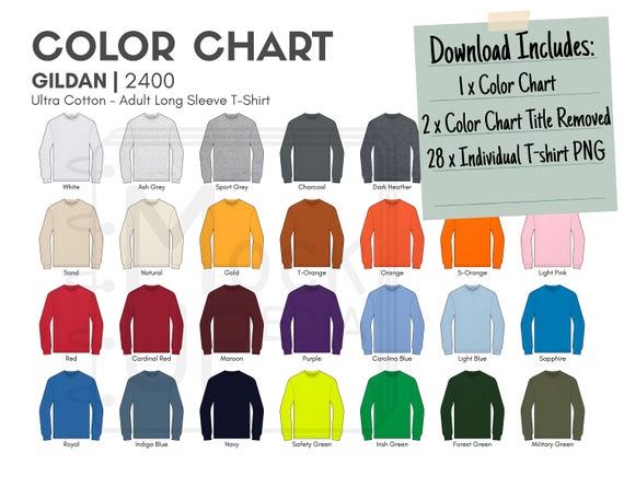Gildan 2400 Adult Long Sleeve T-shirt Color Chart Gildan | Etsy