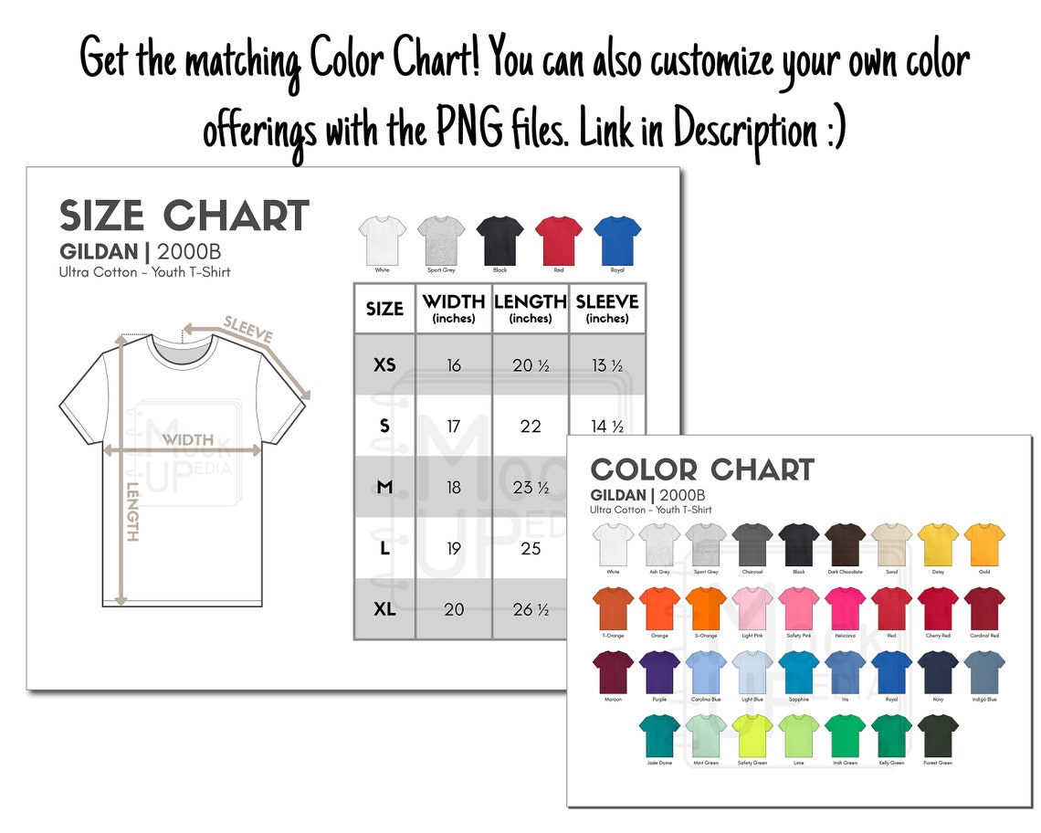 Gildan 2000B Youth Tshirt Size Chart inches/cm Digital Size Chart