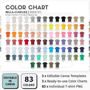 Bella Canvas 3001CVC EDITABLE Canva Color Chart | Bella+Canvas Heather Unisex Jersey Short Sleeve Tee Color Chart | Customizable Color Chart