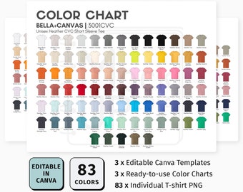 Bella Canvas 3001CVC EDITABLE Canva Color Chart | Bella+Canvas Heather Unisex Jersey Short Sleeve Tee Color Chart | Customizable Color Chart