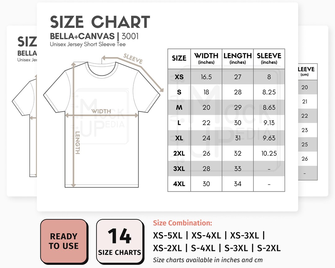 Bella Canvas 3001 Adult Unisex Jersey Short Sleeve Tee Size Chart