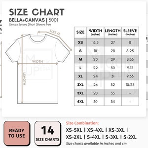 Bella Canvas 3001 Adulto Unisex Jersey Camiseta de manga corta Tabla de tallas (pulgadas/cm) / Tabla de tallas digital / Bella Canvas Camiseta Mockup Size Chart