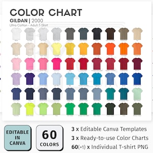 Gildan 2000 EDITABLE Canva Color Chart | Gildan 2000 Ultra Cotton Unisex T-Shirt Color Chart | Customizable Color Chart Template