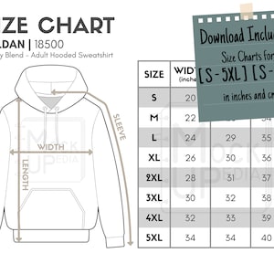 May include: Size chart for Gildan 18500 adult hooded sweatshirt, heavy blend. The chart shows measurements in inches for width, length, and sleeve length for sizes S-5XL.