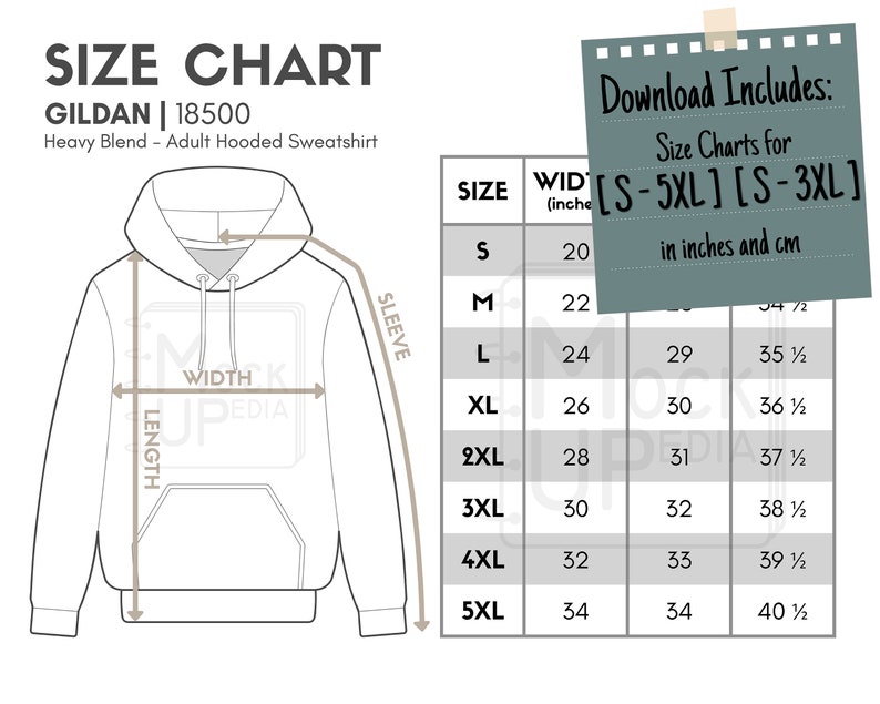 Gildan 18500 Adult Hooded Sweatshirt Size Chart inches/cm Digital Size ...