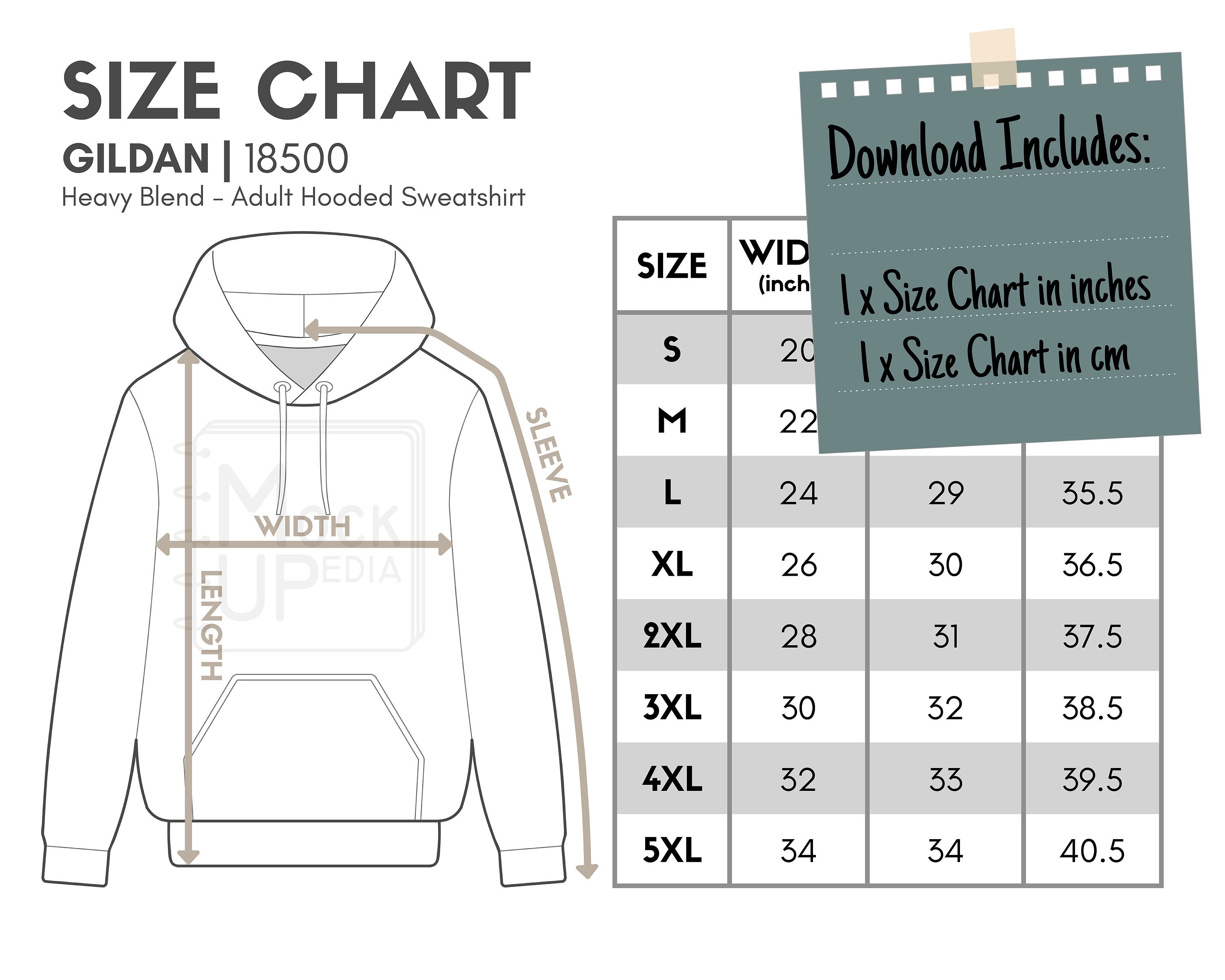 Gildan 18500 Adult Hooded Sweatshirt Size Chart inches/cm | Etsy