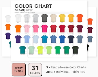 Carta de colores de la camiseta juvenil Gildan 2000B / Carta de colores de la camiseta juvenil Gildan 2000B Ultra Cotton / Carta de colores digital / PNG