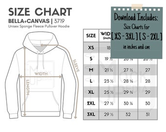 Bella Canvas 3719 Adult Pullover Hoodie Size Chart (inches/cm) | Digital Size Chart | Bella+Canvas 3719 Unisex Sponge Fleece Pullover Hoodie
