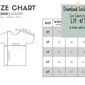 Gildan 64500P Toddler T-Shirt Size Chart (inches/cm) | Digital Size Chart | Gildan Softstyle Toddler T-Shirt Mockup Size Chart