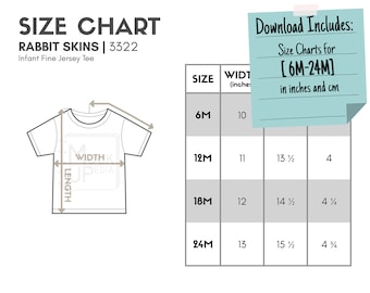Rabbit Skins 3322 Infant Fine Jersey Tee Size Chart (inches/cm) | Digital Size Chart | Rabbit Skins 3322 Infant Jersey Mockup Size Chart