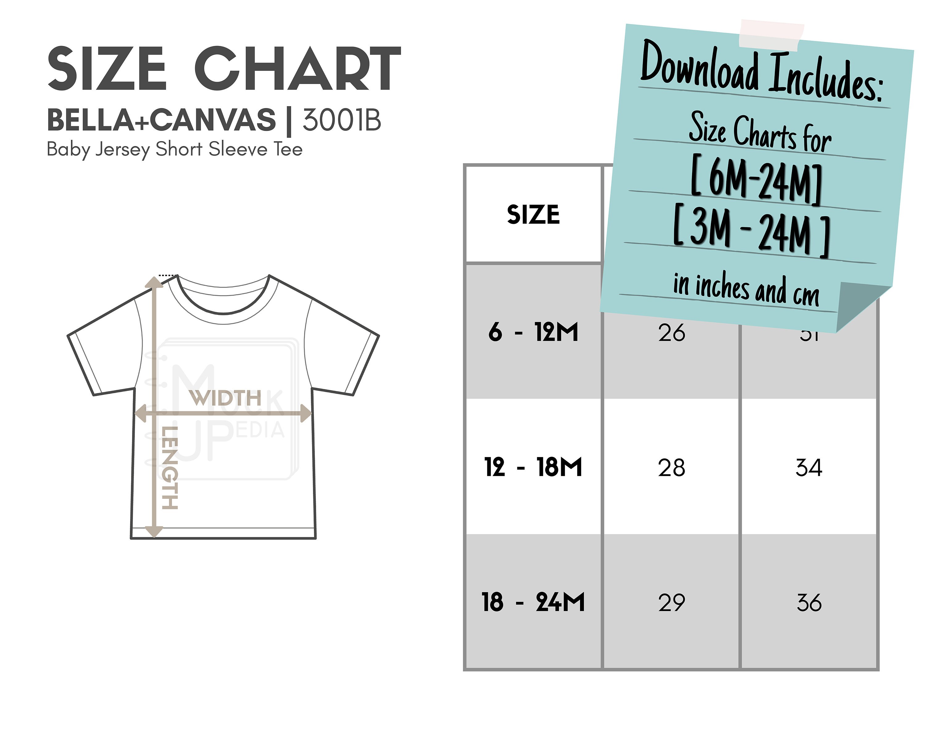 Bella Canvas 3001B Baby Jersey Short Sleeve Tee Size Chart (inches