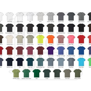 May include: A chart showing a variety of V-neck t-shirt colors, including white, black, grey, brown, red, blue, green, and yellow.