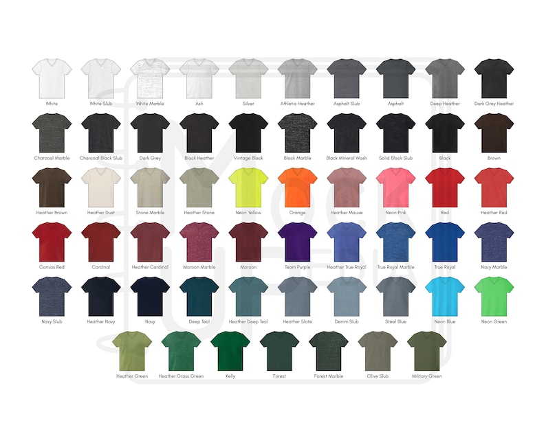 May include: A chart showing a variety of V-neck t-shirt colors, including white, black, grey, brown, red, blue, green, and yellow.