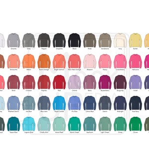 May include: A chart showing 48 different color options for long-sleeved shirts. The colors are arranged in rows and columns, with each color labeled with its name.