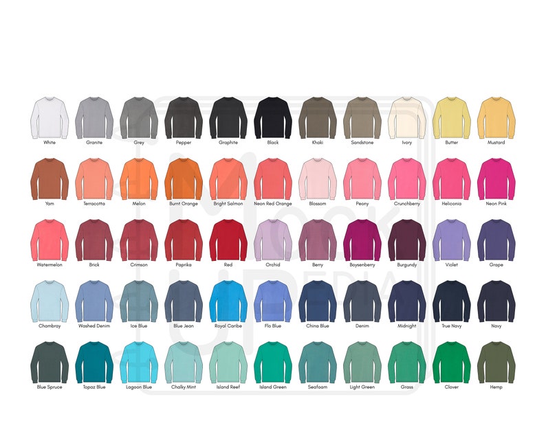 May include: A chart showing 48 different color options for long-sleeved shirts. The colors are arranged in rows and columns, with each color labeled with its name.